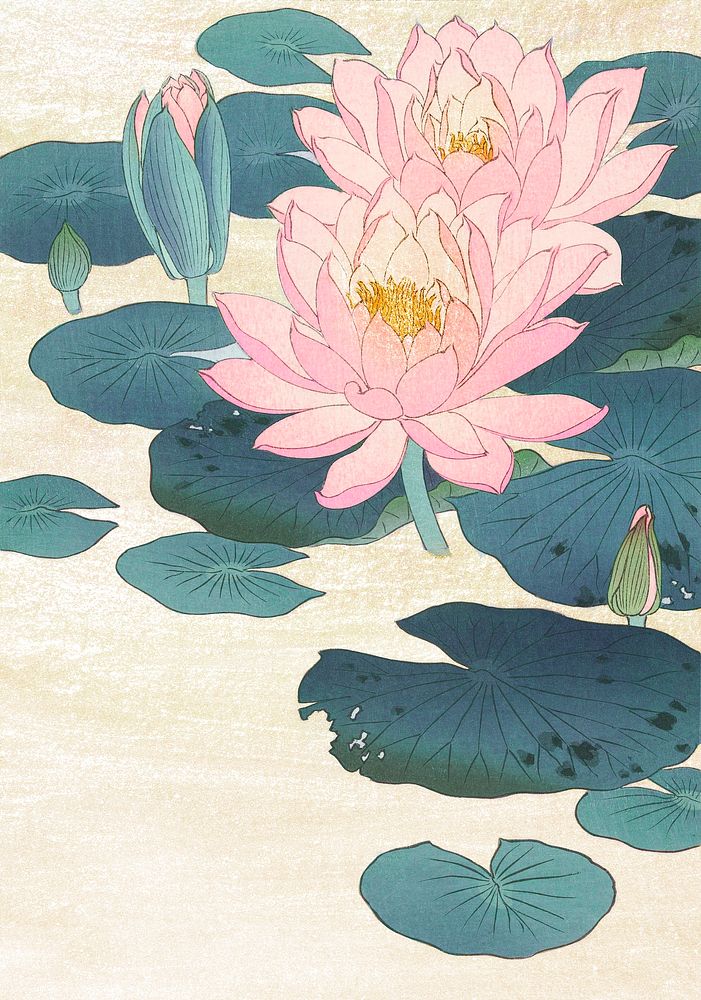 Water lily vintage wall art print poster design remix from original artwork by Ohara Koson.