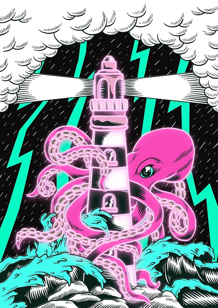 A giant octopus with tentacles wrapped around a lighthouse vector.