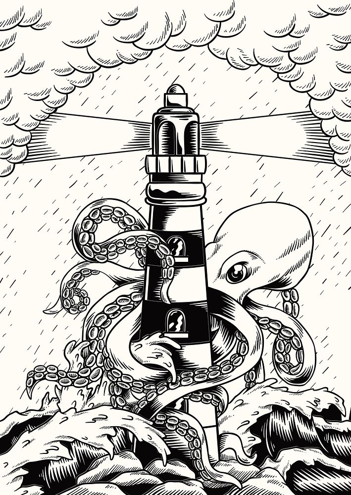 A giant octopus with tentacles wrapped around a lighthouse vector.