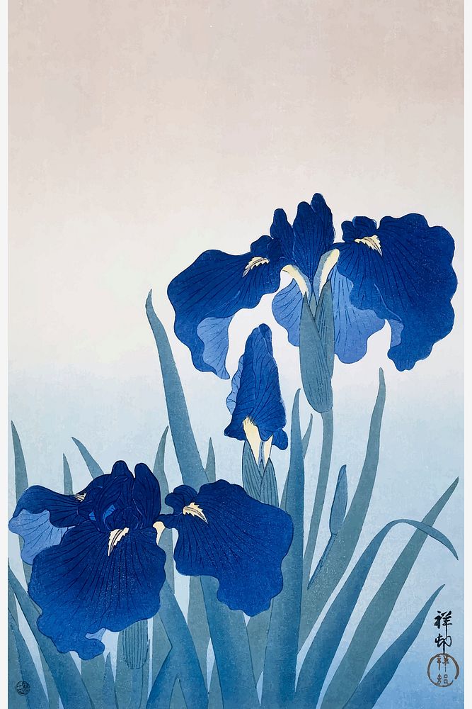 Iris flowers vintage wall art print and poster design remix from original artwork by Ohara Koson. Digitally enhanced and…