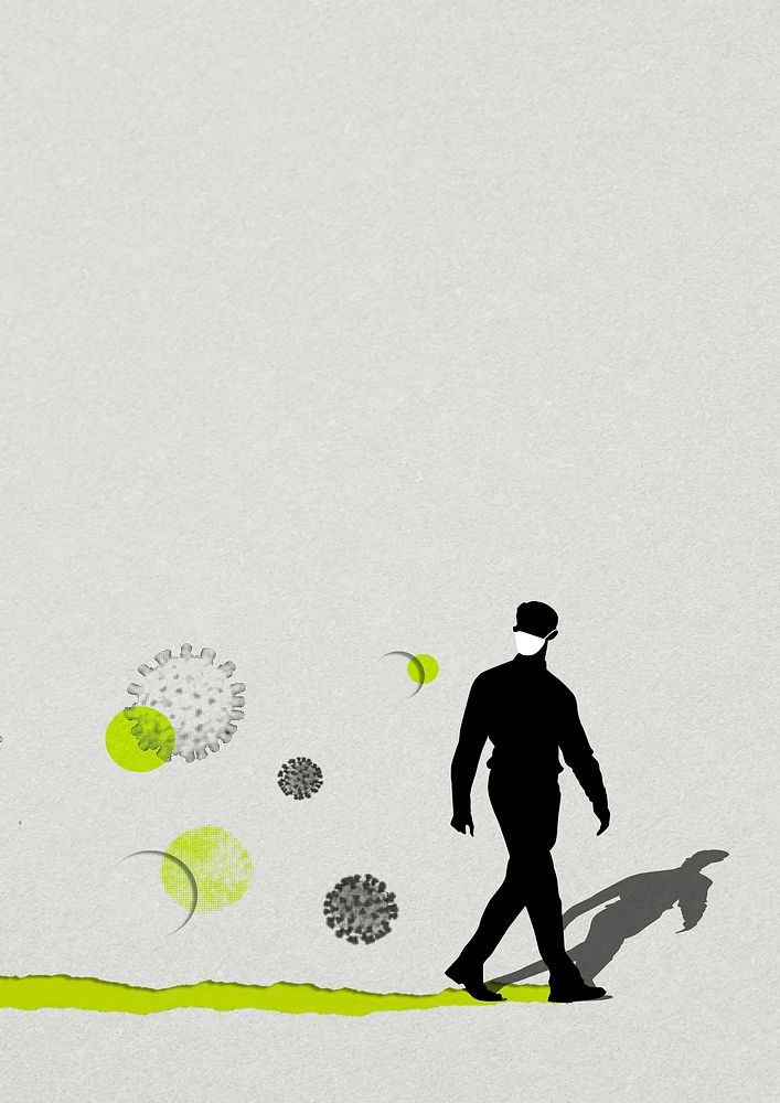 Man's silhouette wearing a mask with coronavirus contaminated background