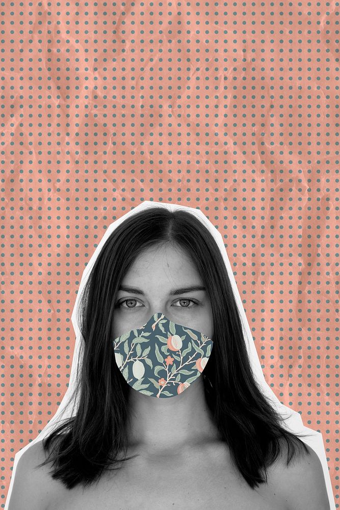 Woman wearing a floral face mask during coronavirus pandemic background