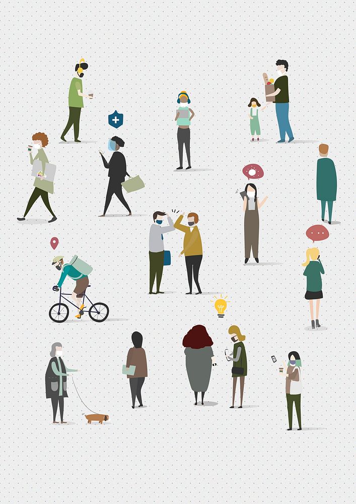 Physical distancing in public area social template illustration