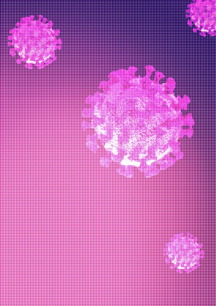 Pink coronavirus cells under microscope background