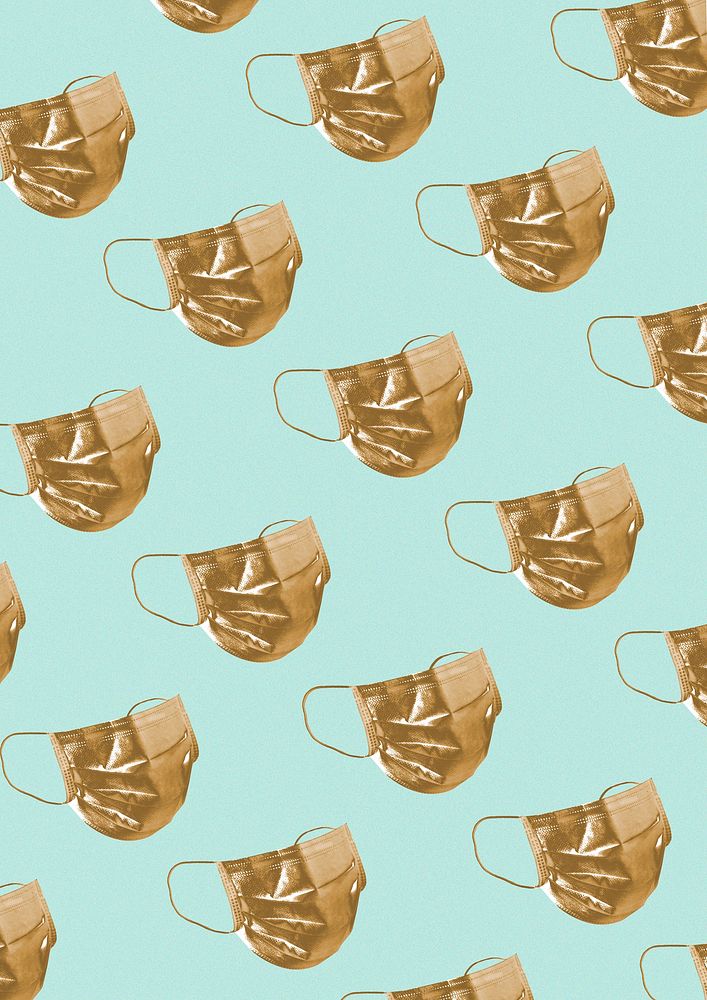 Golden face mask pattern on a green background