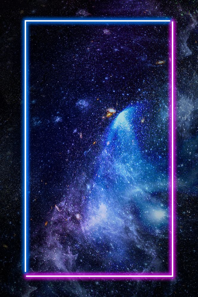 Pink and blue neon frame on a dark galaxy background