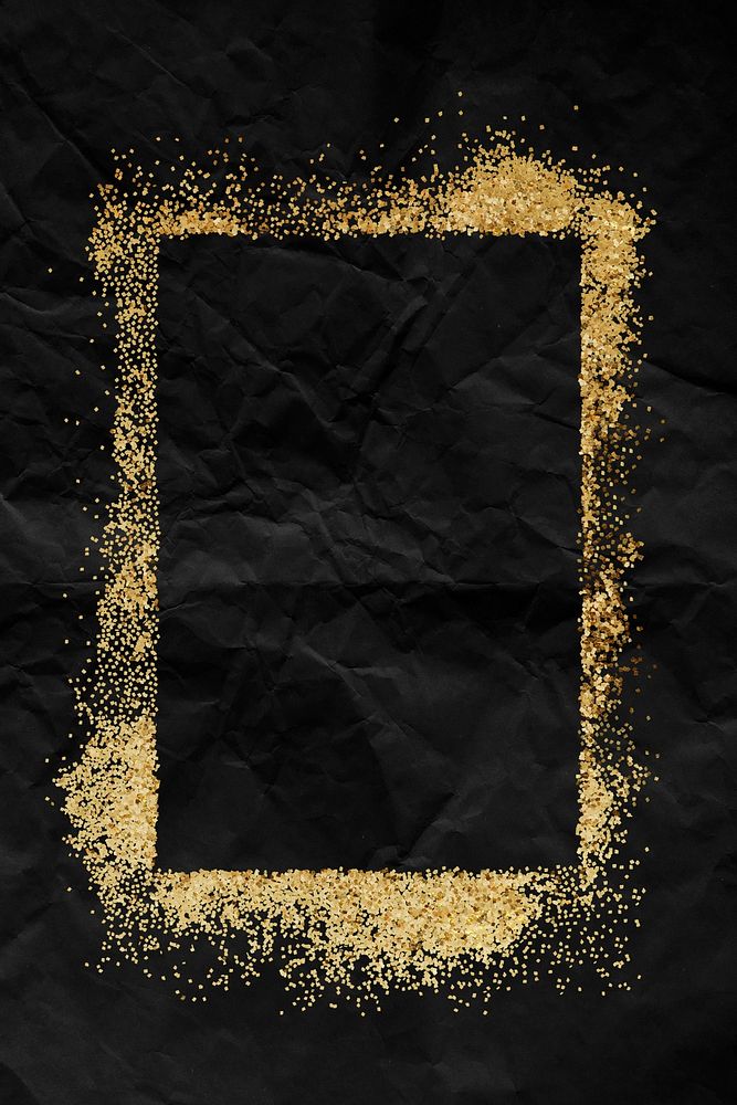 Glittery rectangle frame on a crumpled black paper textured background