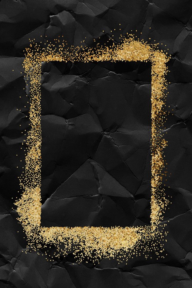 Glittery rectangle frame on a crumpled black paper textured background