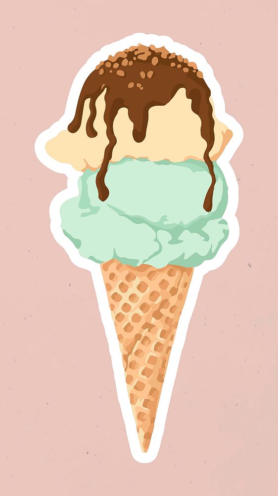 Vectorized ice cream scoops sticker overlay with a white border on a pink background