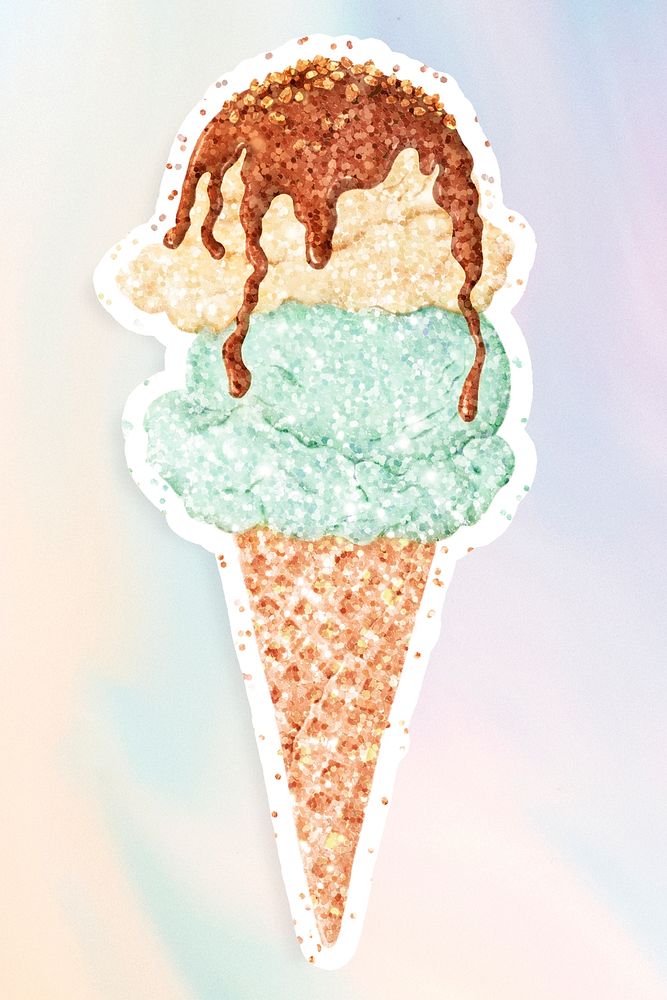 Glittery ice cream scoops in a cone sticker overlay on a pastel background