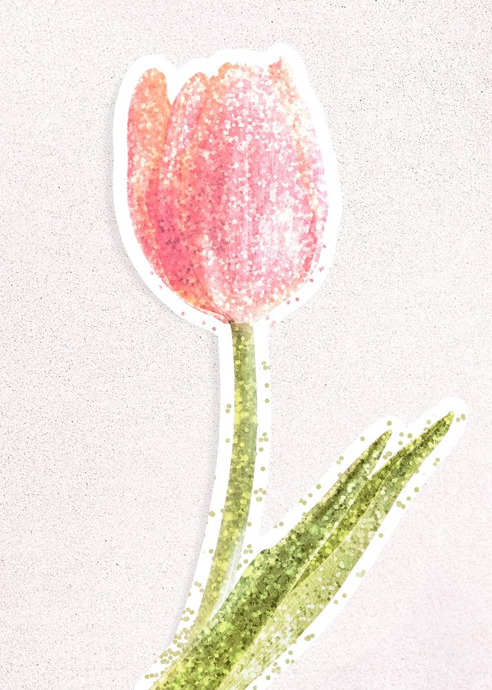 Glittery tulip flower sticker overlay with a white border design resource