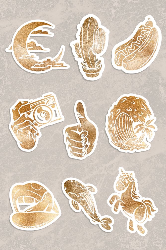 Shimmering golden cartoon sticker collection design resources