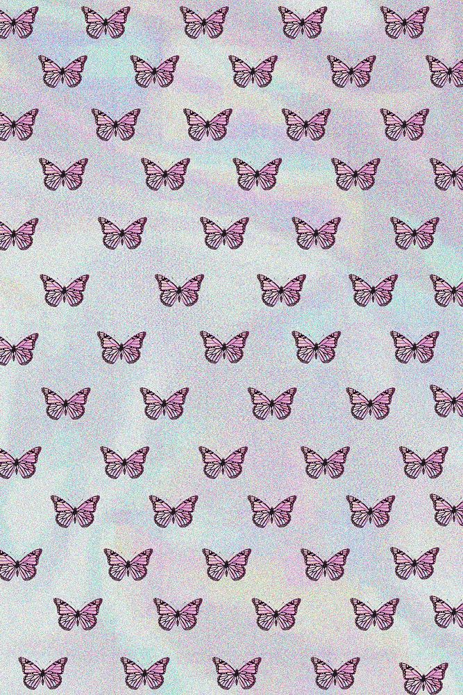 Pink monarch butterfly pattern on a holographic background