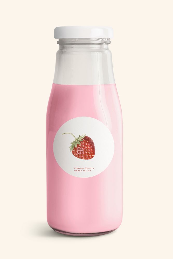 Fresh strawberry milk in a glass bottle with a label mockup