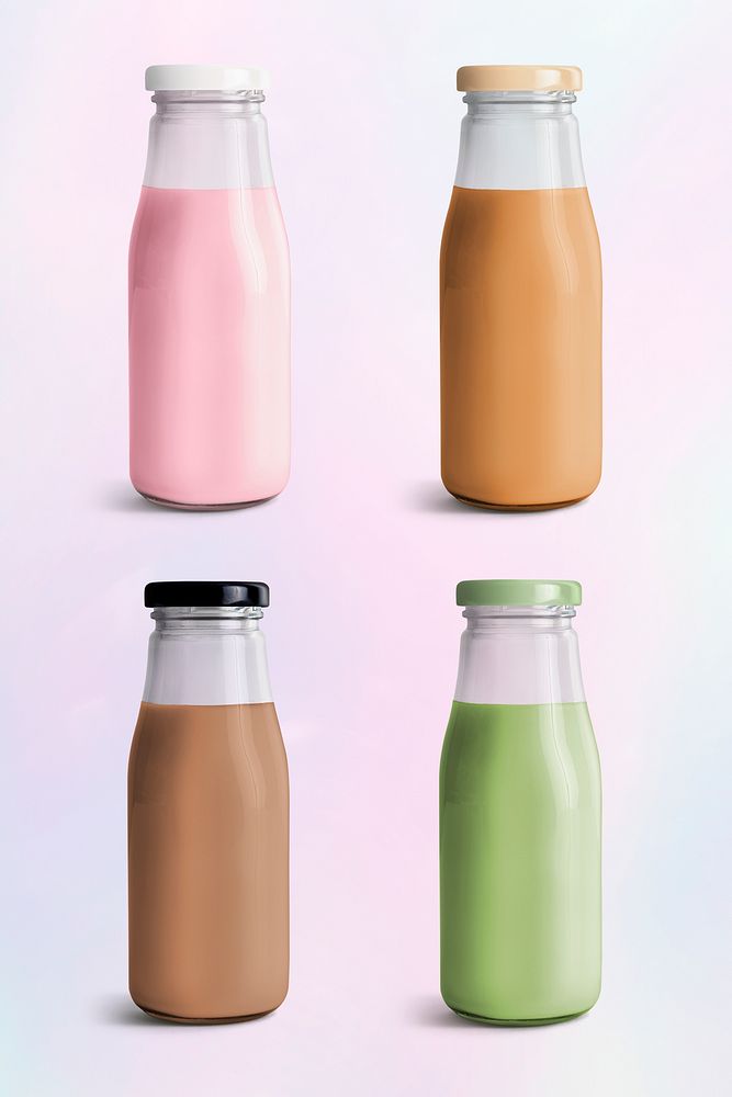 Colorful milk tea in glass bottle mockups