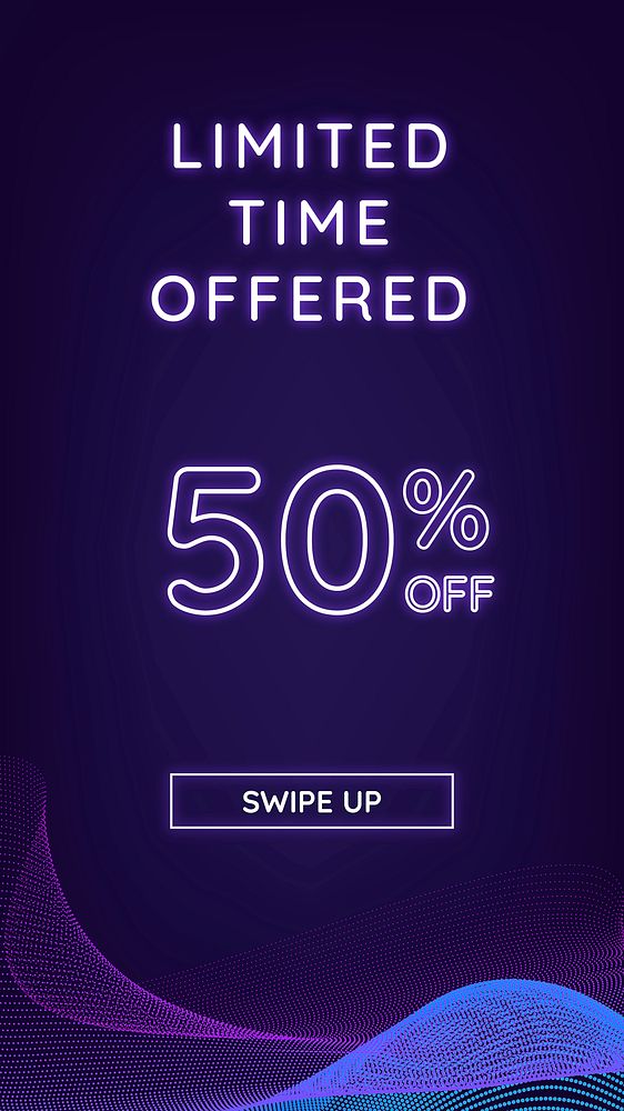 Limited time offered 50% off neon advertisement template vector