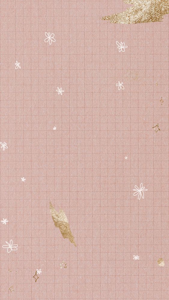 Shimmering gold brush strokes on a pink grid background 