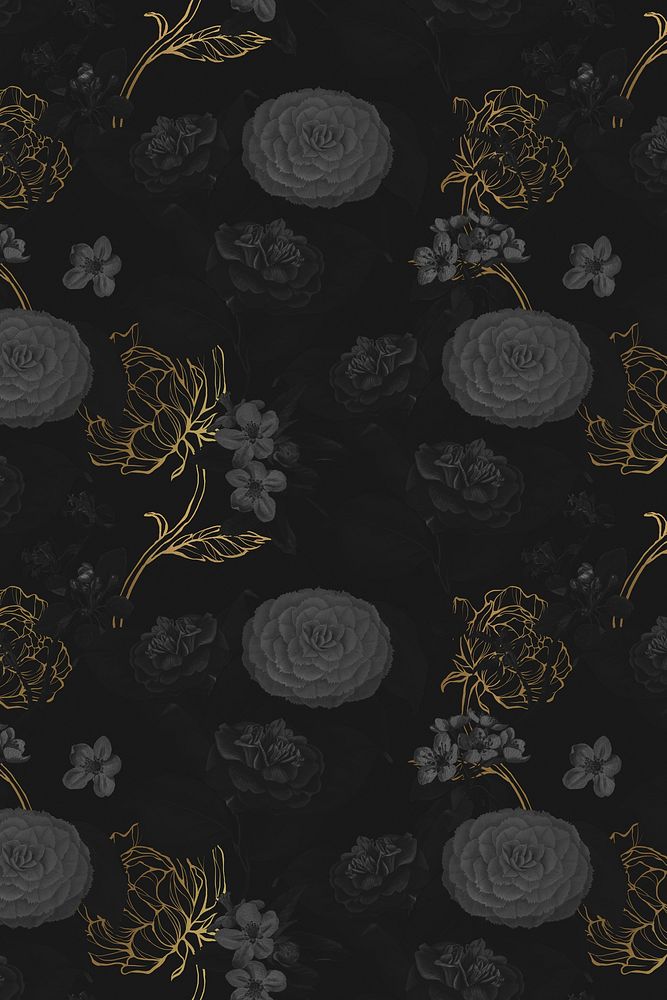 Hand drawn dark and gold flower patterned background