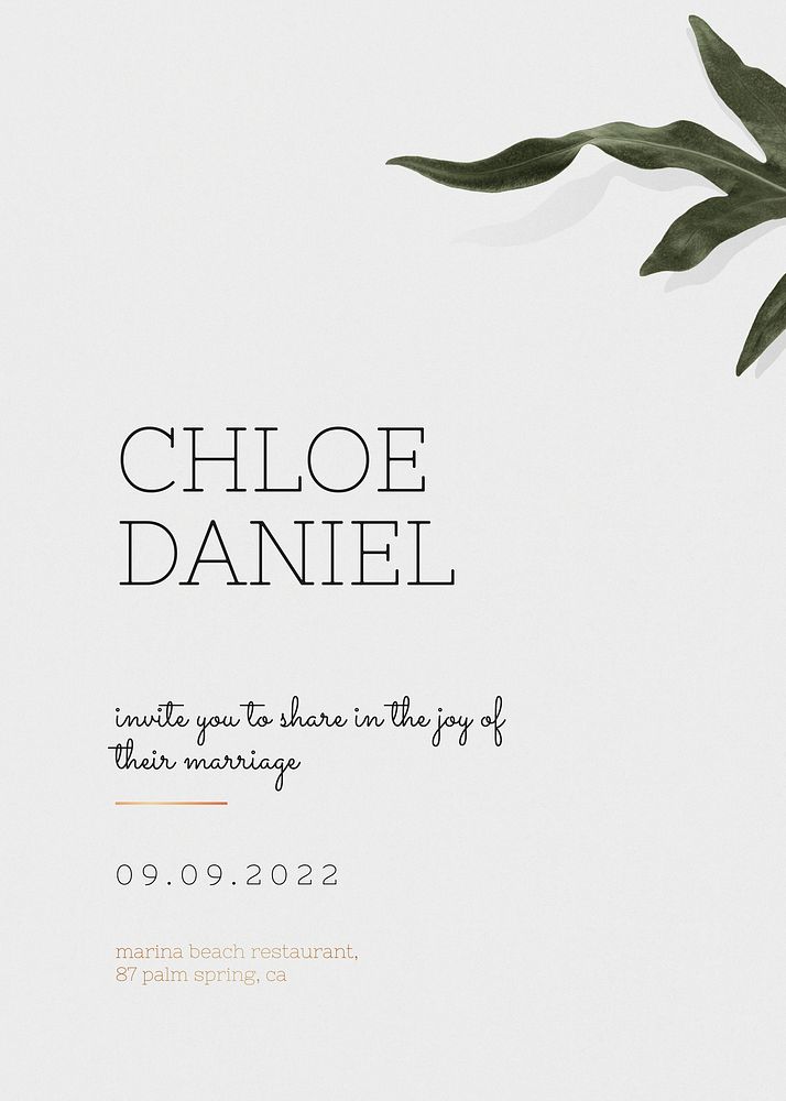 Leafy wedding invitation card vector template