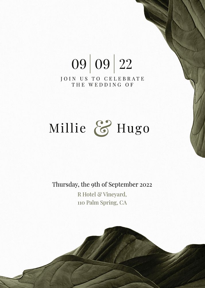 Minimal botanical wedding invitation card vector template