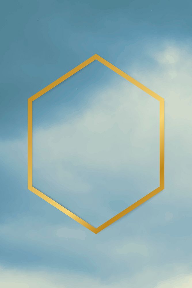 Gold hexagon frame on a blue sky background vector