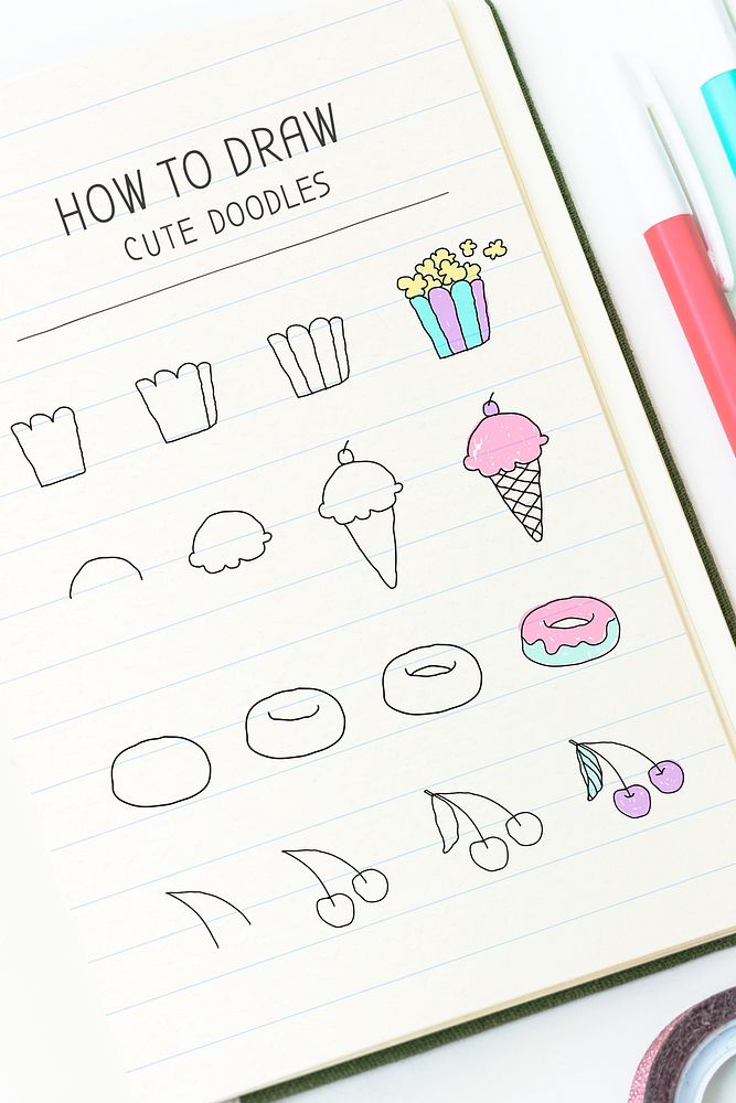 How to draw cute doodles tutorial on a white paper mockup