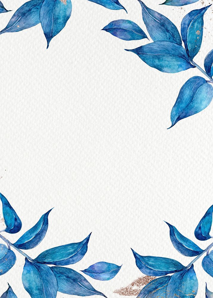 Blue watercolor leaf frame botanical illustration 