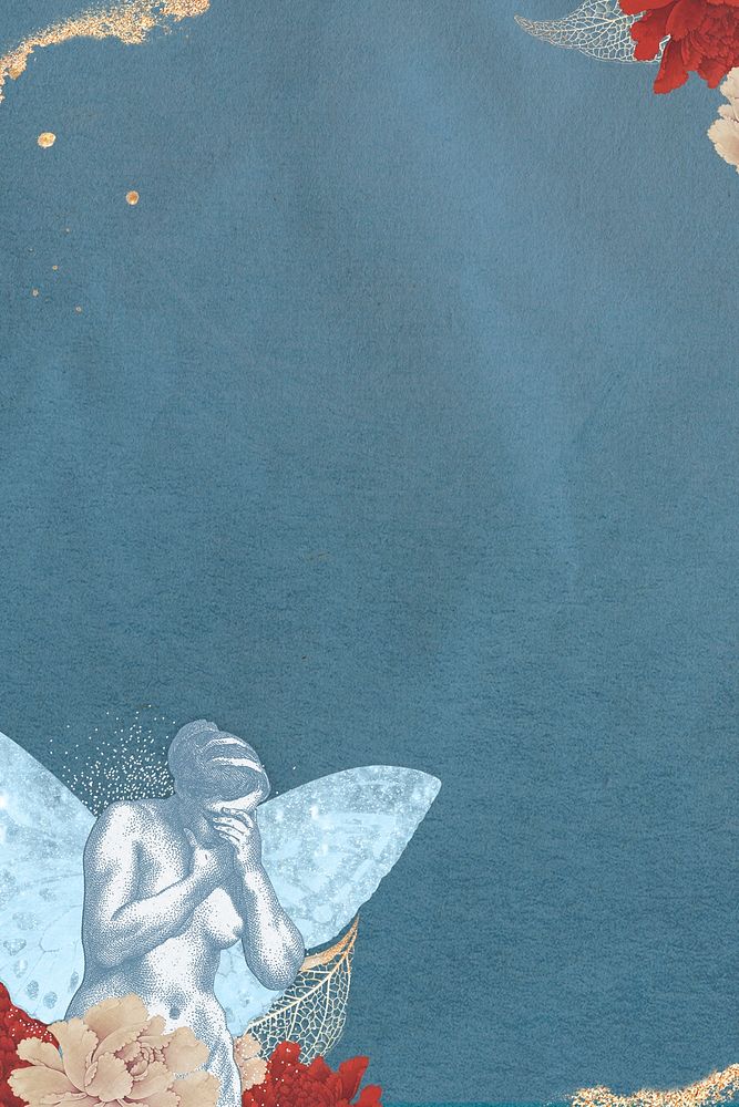 Female nude figure with wings on blue background illustration