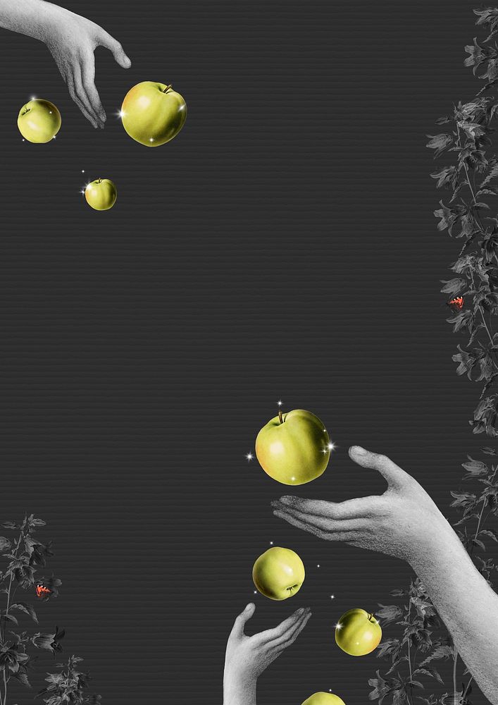 Hands throwing green apples on black background