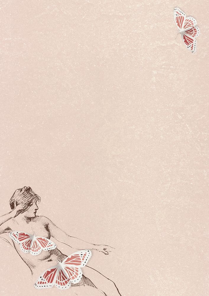 Sitting female nude figure with butterflies on peach background