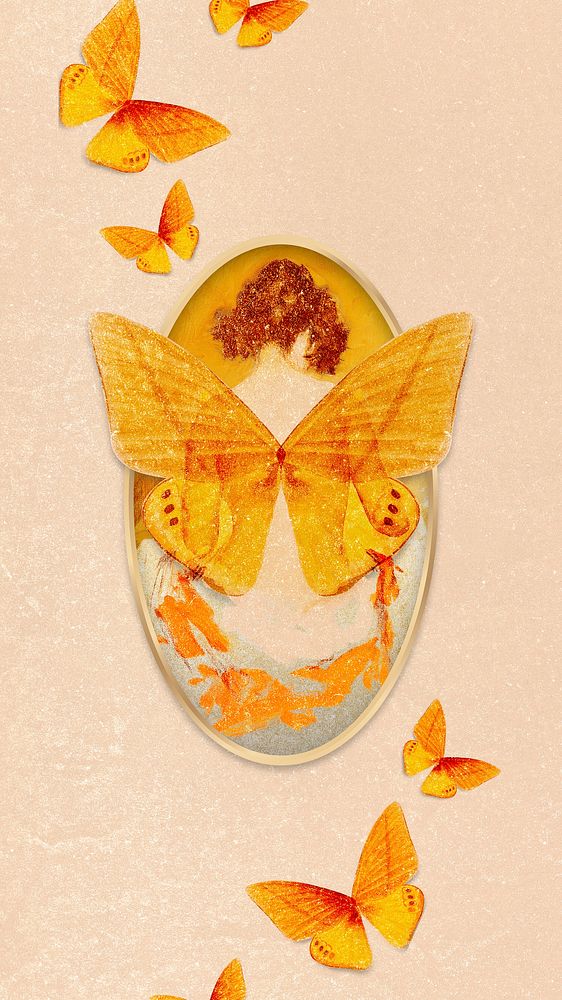 Butterfly winged woman orange vintage illustration
