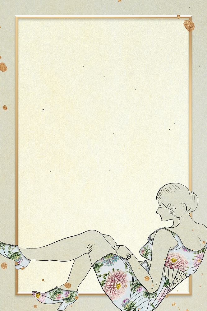 Women in floral dress sketch psd frame