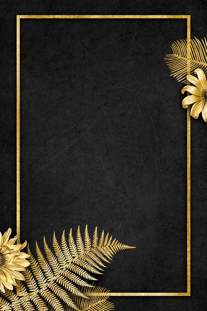 Sunflower palm leaf psd gold frame on black textured banner