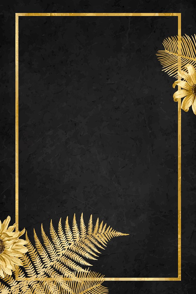 Sunflower palm leaf vector gold frame on black textured banner