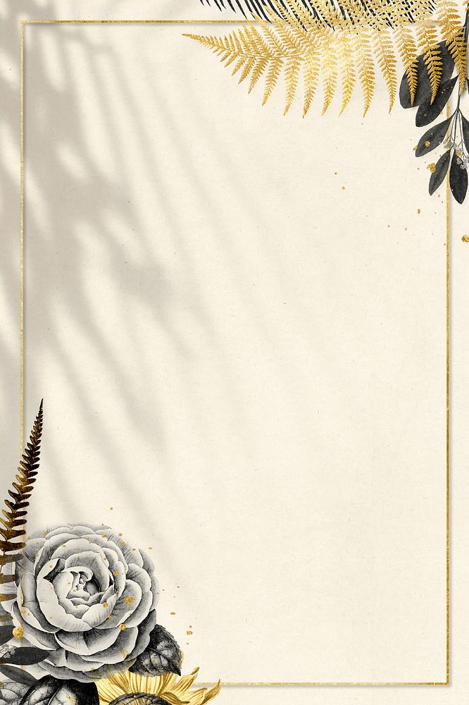Psd camellia fern leaf gold frame on beige textured banner