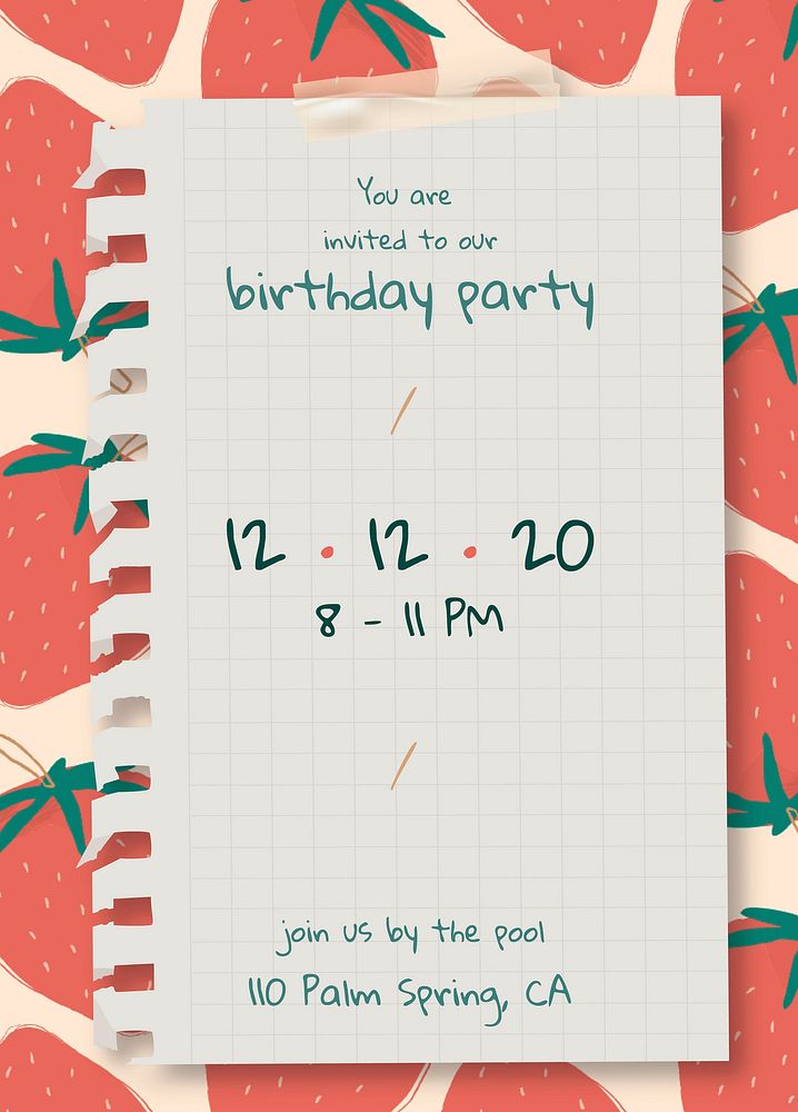 Vector birthday party invitation card strawberry pattern template