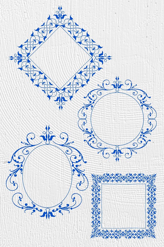 Blue filigree vintage frame set, remix from The Model Book of Calligraphy Joris Hoefnagel and Georg Bocskay