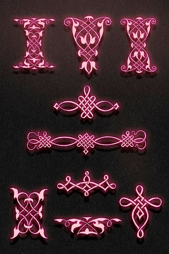 Vintage pink neon ornate element set, remix from The Model Book of Calligraphy Joris Hoefnagel and Georg Bocskay