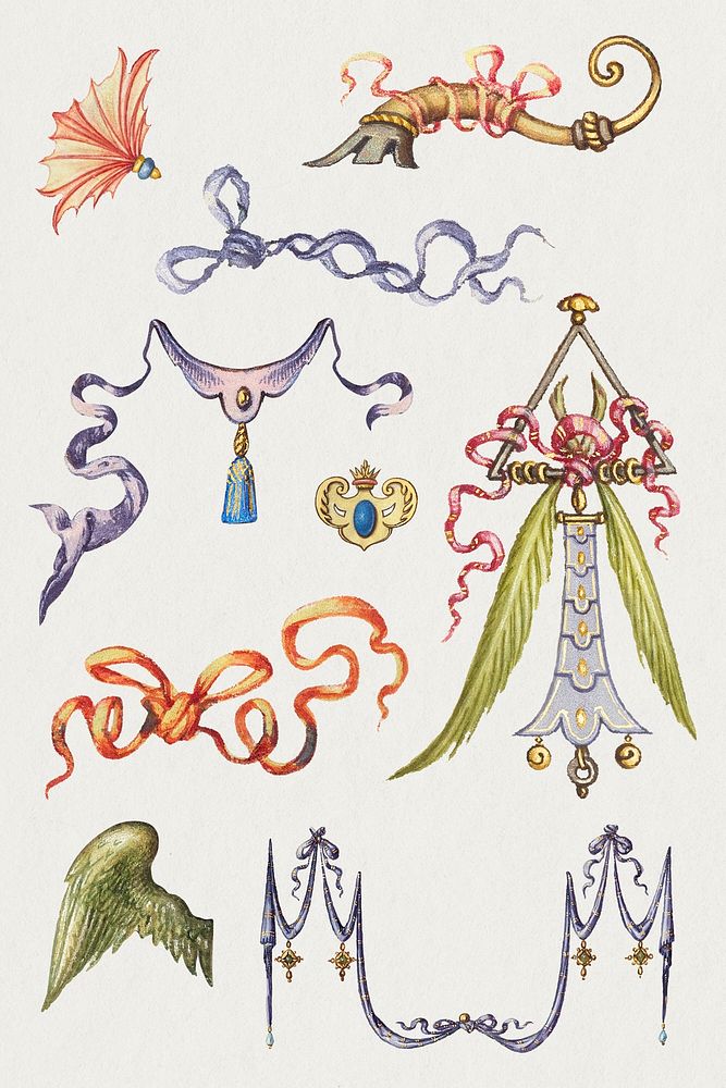 Heraldic medieval ribbon, flag and ornament set, remix from The Model Book of Calligraphy Joris Hoefnagel and Georg Bocskay