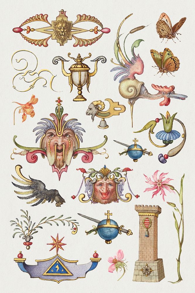 Psd Victorian element decorative ornamental objects set, remix from The Model Book of Calligraphy Joris Hoefnagel and Georg…