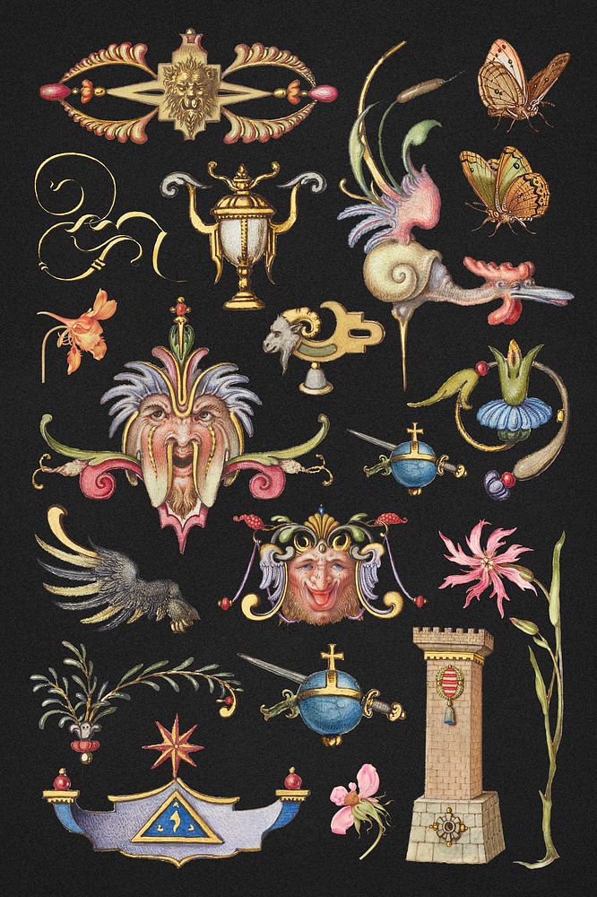 Victorian ornamental decorative psd set, remix from The Model Book of Calligraphy Joris Hoefnagel and Georg Bocskay