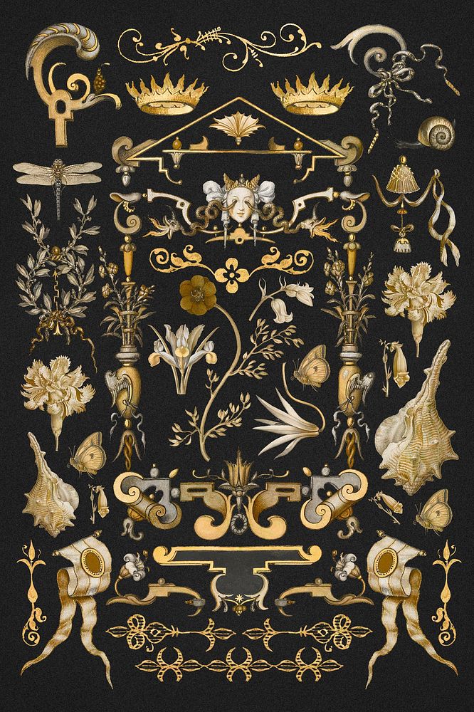 Gold antique Victorian decorative psd ornament set, remix from The Model Book of Calligraphy Joris Hoefnagel and Georg…