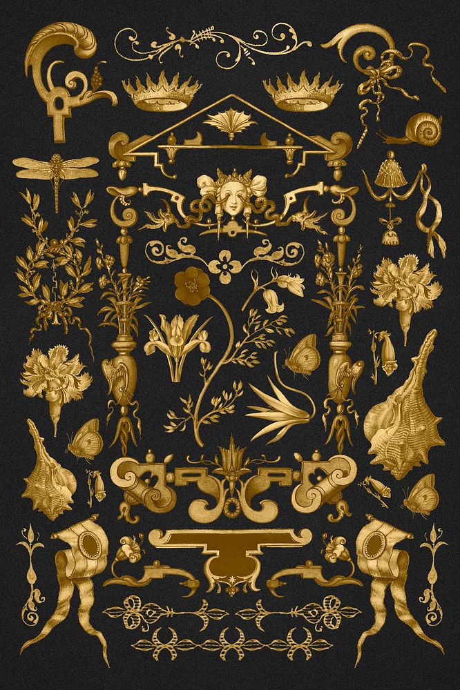 Gold antique Victorian decorative psd ornament set, remix from The Model Book of Calligraphy Joris Hoefnagel and Georg…