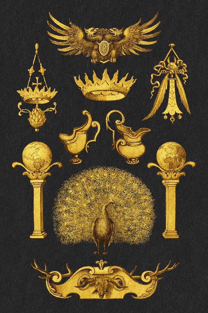 Antique psd gold ornamental medieval style on black, remix from The Model Book of Calligraphy Joris Hoefnagel and Georg…