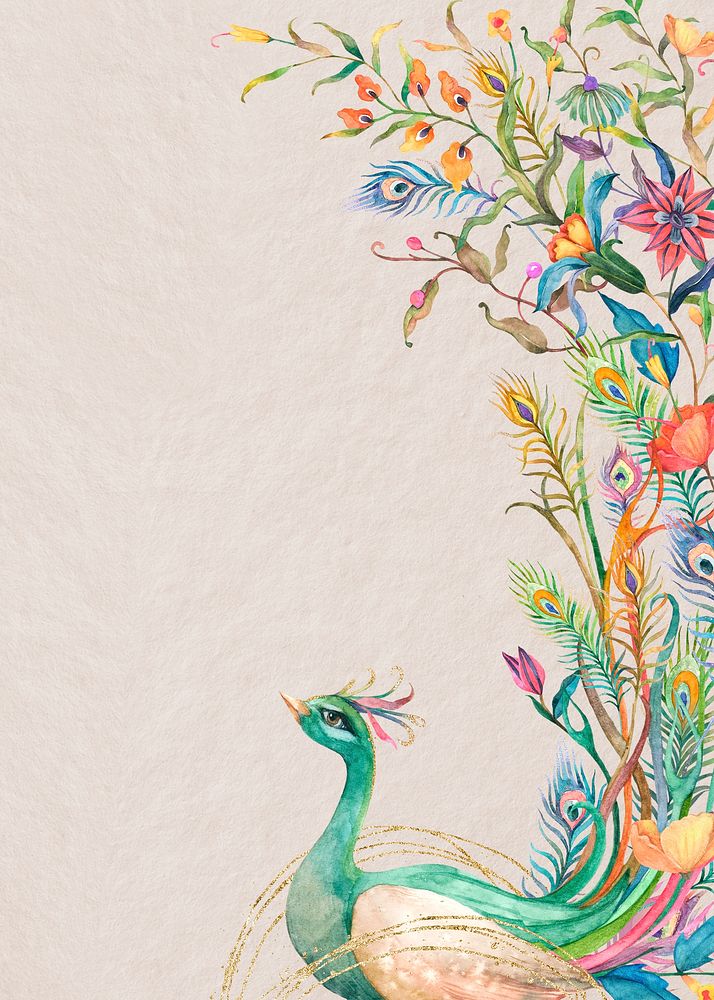 Watercolor peacock border poster with flowers on beige background