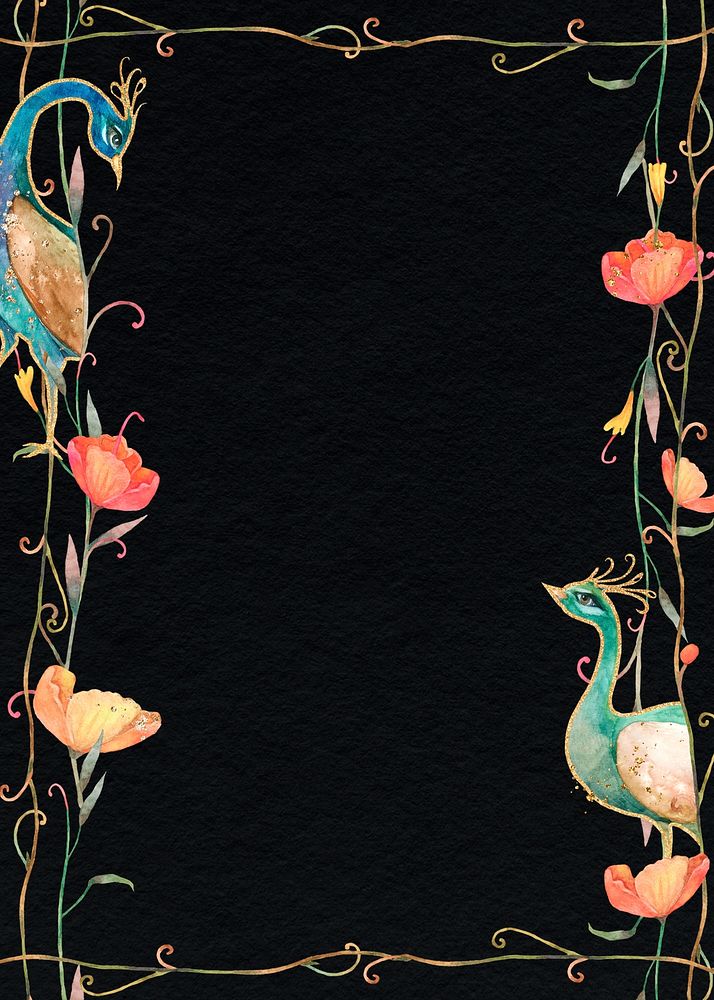 Pattern frame psd with watercolor flower and peacock on dark textured background