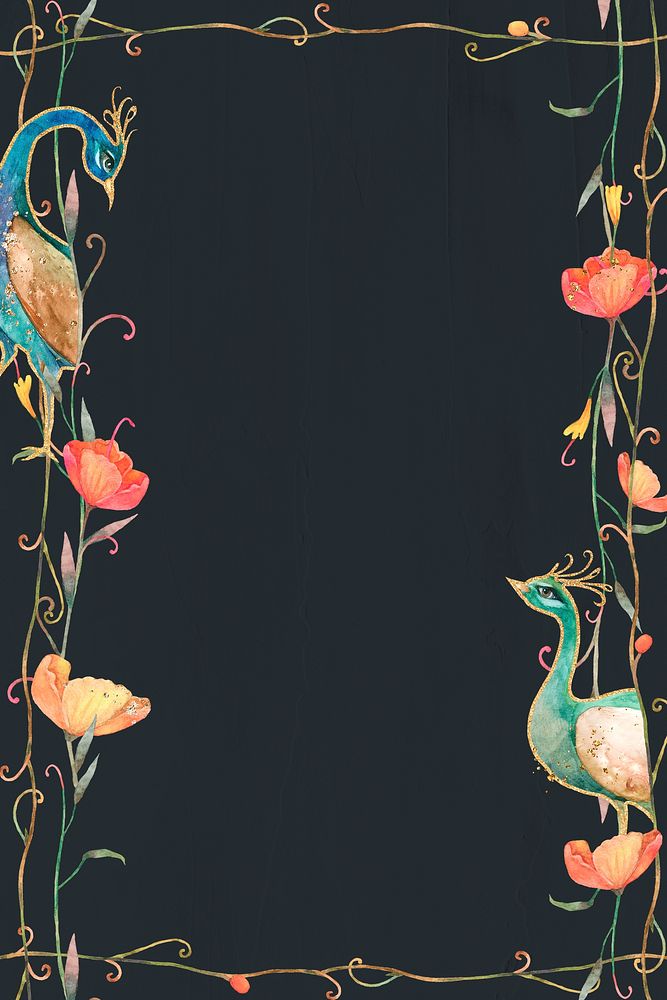 Pattern frame psd with watercolor flower and peacock on dark textured background