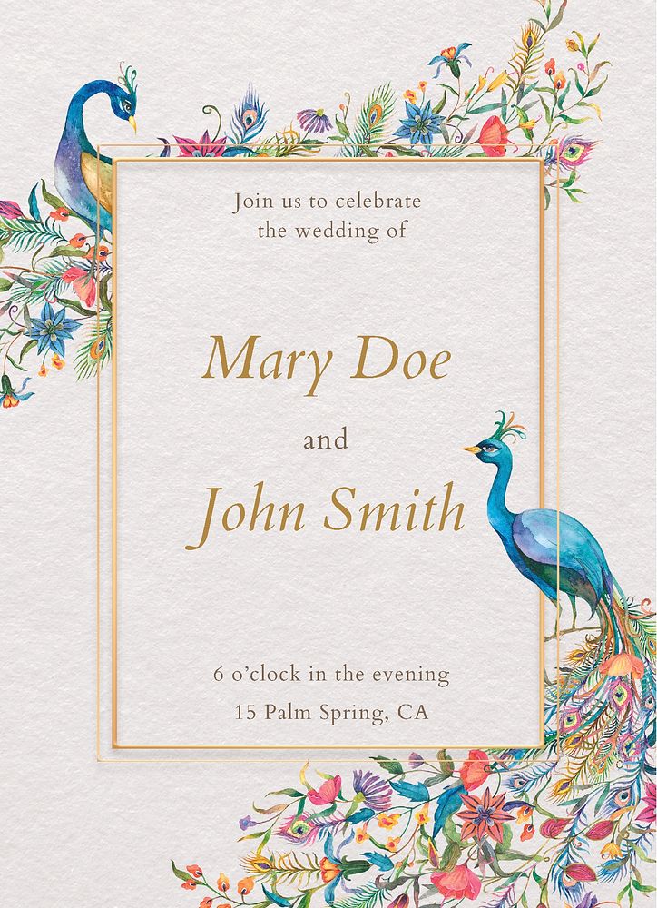 Editable wedding card template vector with watercolor peacocks and flowers on beige background