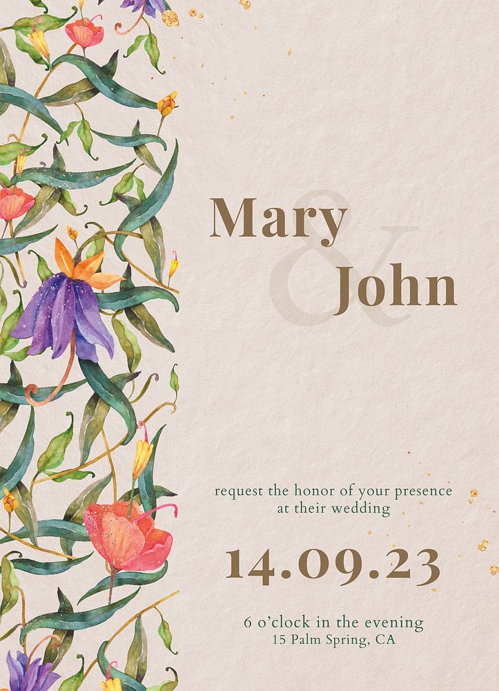 Editable wedding card template psd with watercolor peacocks and flowers on beige background