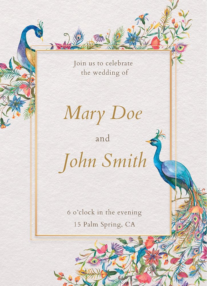 Editable invitation card template psd with watercolor peacocks and flowers illustration